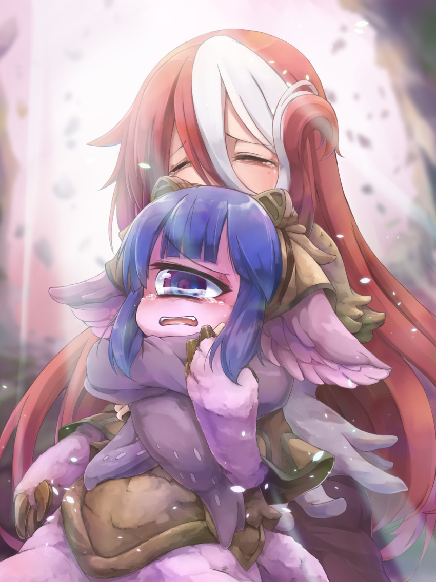 2girls animal_ears bags_under_eyes blue_eyes blue_hair blunt_bangs blurry blurry_background brown_capelet brown_headdress brown_shirt capelet claws closed_eyes commentary_request cowboy_shot crying cyclops day falling_petals furry hand_on_another's_arm hand_up hat hidarikata highres hug hug_from_behind light_rays long_hair made_in_abyss multicolored_eyes multicolored_hair multiple_girls one-eyed open_mouth outdoors pakkoyan petals purple_eyes purple_fur red_hair shirt short_hair sidelocks streaked_hair tearing_up tears very_long_hair vueko white_hair