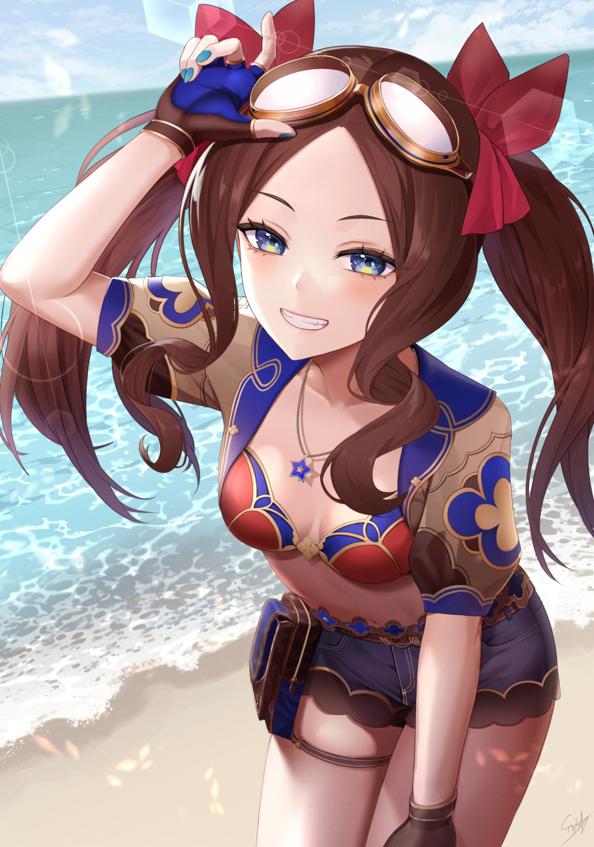 beach bikini bikini_top_only blue_eyes blue_shorts blush breasts brown_gloves brown_hair collarbone fate/grand_order fate_(series) female fingerless_gloves forehead gloves goggles grin hair_ribbon highres ironatsuki jewelry leonardo_da_vinci_(fate) leonardo_da_vinci_(rider)_(fate) leonardo_da_vinci_(swimsuit_ruler)_(fate) long_hair looking_at_viewer necklace outdoors parted_bangs puffy_short_sleeves puffy_sleeves red_bikini red_ribbon ribbon shore short_shorts short_sleeves shorts shrug_(clothing) sidelocks small_breasts smile solo swimsuit thighs twintails