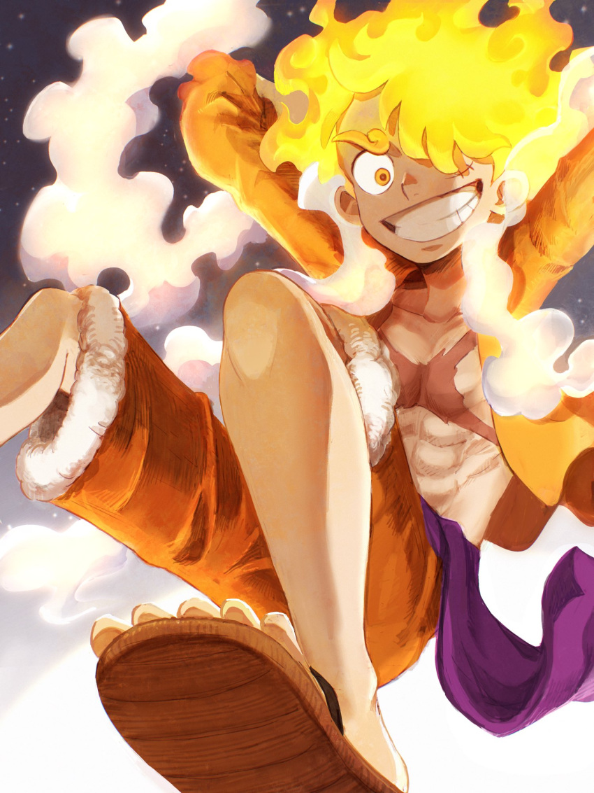 1boy alternate_form alternate_hair_color bad_id bad_twitter_id commentary_request curly_eyebrows fiery_hair fur_trim gear_fifth gradient_background grin happy highres looking_at_viewer male_focus monkey_d._luffy oekakiboya one_piece orange_eyes orange_hair orange_pants orange_shirt pants sandals scar scar_on_chest scar_on_face shirt short_hair smile solo spoilers