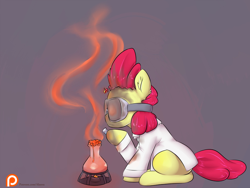 2015 4:3 alasou apple_bloom_(mlp) bunsen_burner earth_pony equid equine erlenmeyer_flask eyewear female feral fire friendship_is_magic fur goggles hair hasbro horse laboratory_equipment laboratory_glassware mammal my_little_pony pony red_hair science scientific_instrument solo yellow_body yellow_fur