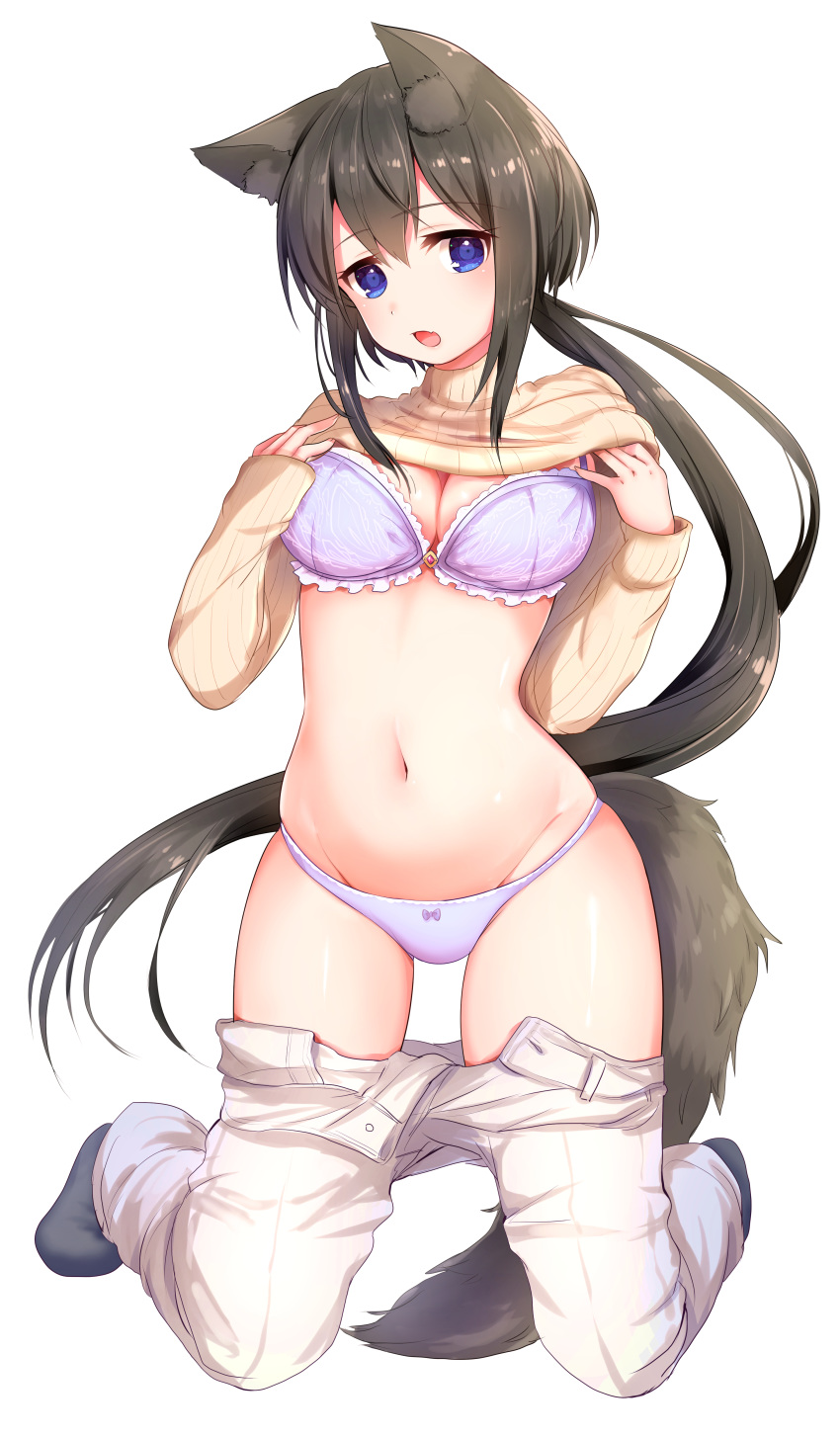 :o absurdres animal_ear_fluff animal_ears black_hair black_socks blue_eyes bow bow_panties bra breasts brown_sweater cleavage clothes_lift clothes_pull commentary_request female floating_hair frilled_bra frills full_body groin hands_up highres kneeling long_hair long_sleeves looking_at_viewer low_ponytail medium_breasts navel oerba_yun_fang open_fly open_mouth original panties pants pants_pull purple_bra purple_panties ribbed_sweater sidelocks simple_background sleeves_past_wrists socks solo stomach sweater sweater_lift tail thighs umishima_rinta underwear very_long_hair white_background white_pants wolf_ears wolf_girl wolf_tail