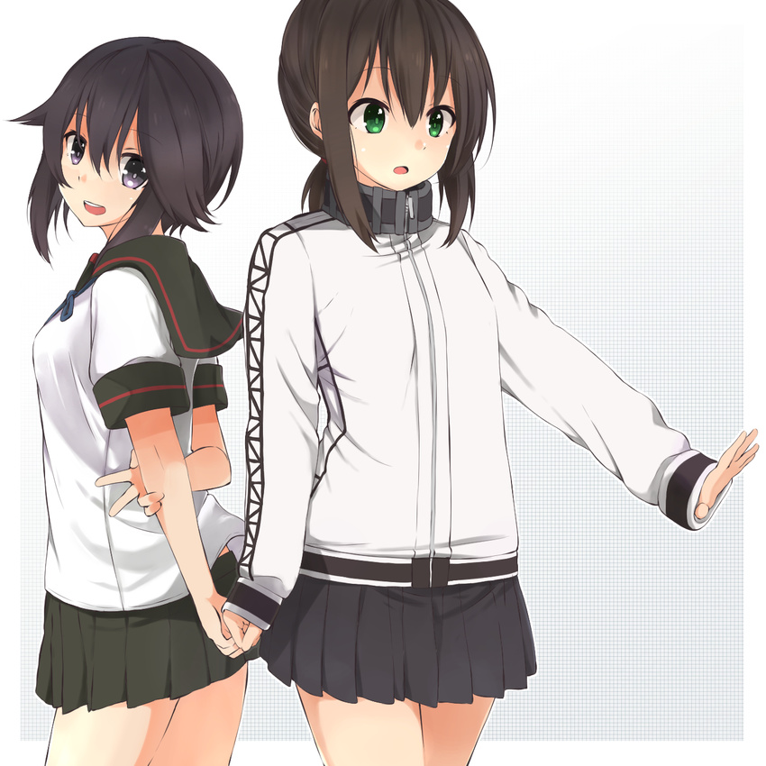 2girls :d :o black_hair blush brown_hair collar commentary_request cosplay costume_switch fubuki_(kancolle) fubuki_(kancolle)_(cosplay) gradient_background green_eyes grid_background hayasui_(kancolle) hayasui_(kancolle)_(cosplay) highres jacket kantai_collection long_sleeves look-alike low_ponytail miniskirt multiple_girls myuto_(advent_retribution) neckerchief open_mouth pleated_skirt ponytail purple_eyes remodel_(kantai_collection) sailor_collar school_uniform serafuku shirt short_hair sidelocks skirt smile track_jacket upper_body v zipper