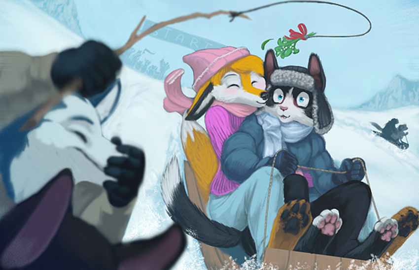 anthro barefoot blue_eyes blush canid canine clothed clothing domestic_cat duo feet felid feline felis female fox fur happy hat headgear headwear hug interspecies jacket kissing male male/female mammal mistletoe outside pawpads paws peli plant romantic romantic_ambiance romantic_couple scarf sled smile snow surprise topwear