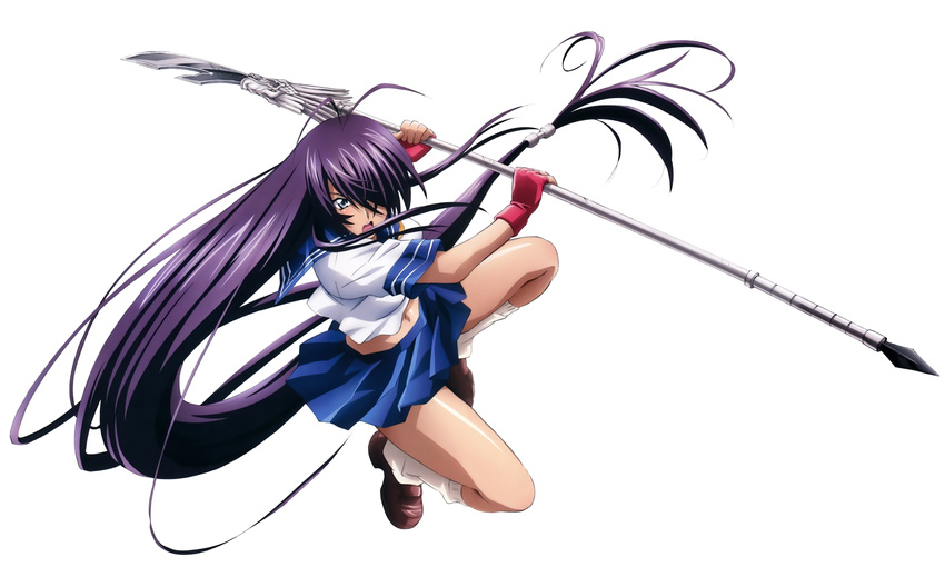 absurdres blue_skirt female guan_dao hair_over_one_eye highres holding holding_polearm holding_weapon ikkitousen kan'u_unchou kneehighs long_hair looking_at_viewer midriff navel open_mouth photoshop_(medium) pleated_skirt polearm purple_hair rin-sin school_uniform serafuku shirt simple_background skirt socks solo spear weapon white_background white_shirt white_socks