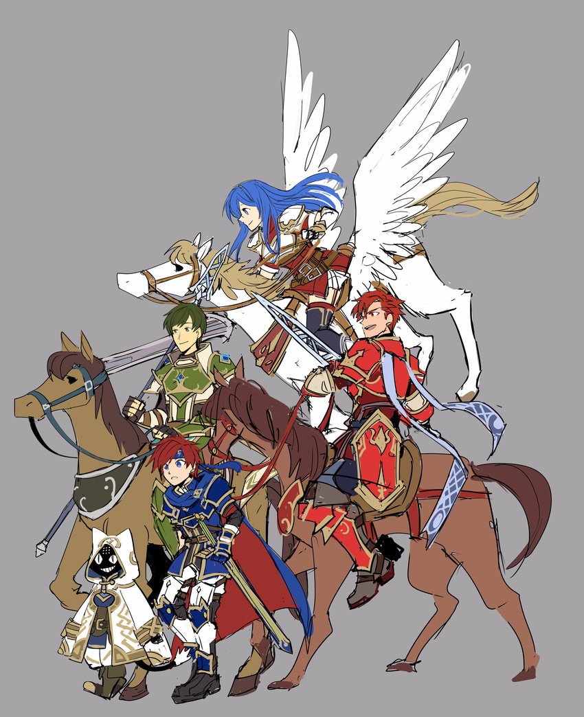 abel_(fire_emblem) absurdres animal_ears armor blue_eyes blue_hair blush boots caeda_(fire_emblem) cain_(fire_emblem:_shadow_dragon) cape cat_ears commentary_request dc9spot elbow_gloves fingerless_gloves fire_emblem fire_emblem:_mystery_of_the_emblem fire_emblem:_the_binding_blade fire_emblem_heroes gloves green_eyes green_hair highres hood horse kiran_(fire_emblem) long_hair male_focus open_mouth pegasus pegasus_knight_uniform_(fire_emblem) polearm red_eyes red_hair roy_(fire_emblem) short_hair smile sword thighhighs weapon