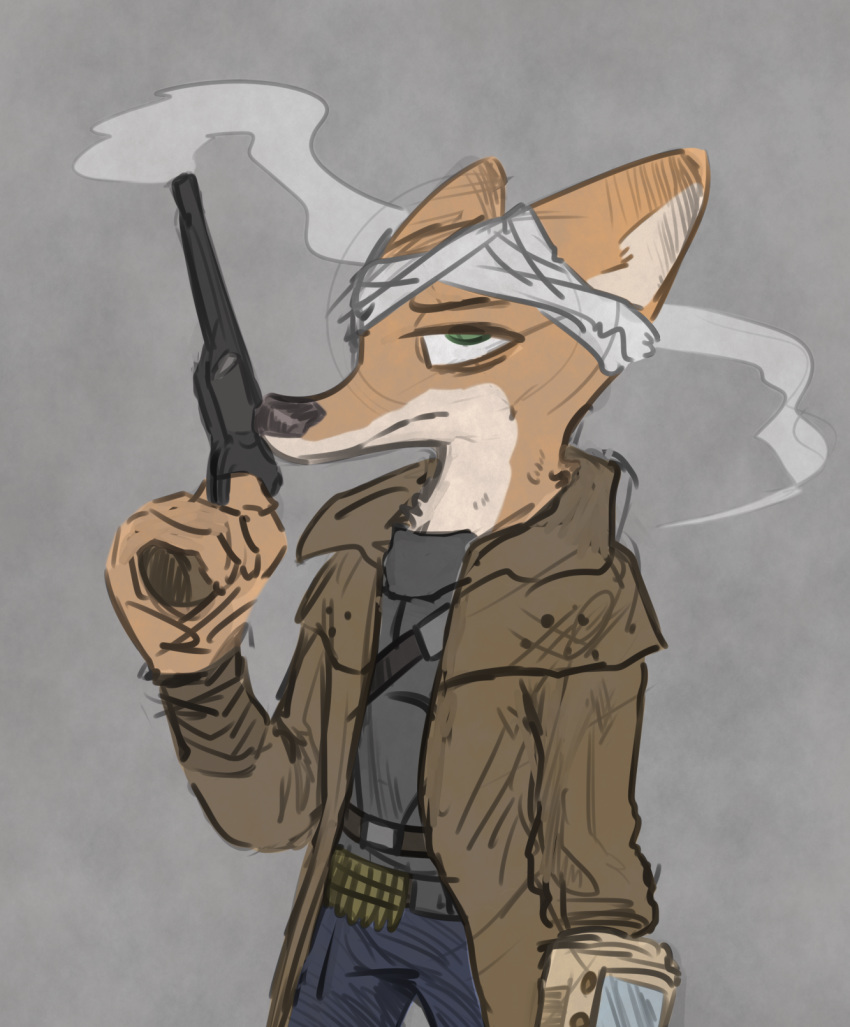 anthro black_nose canid canine clothed clothing coat cosplay disney duo fallout fox fully_clothed fur gun handgun hi_res holding_gun holding_object holding_ranged_weapon holding_weapon magnum_research_bfr male mammal microsoft ncr_ranger_(fallout) nick_wilde ranged_weapon red_fox revolver the_courier_(fallout) topwear true_fox weapon zootopia