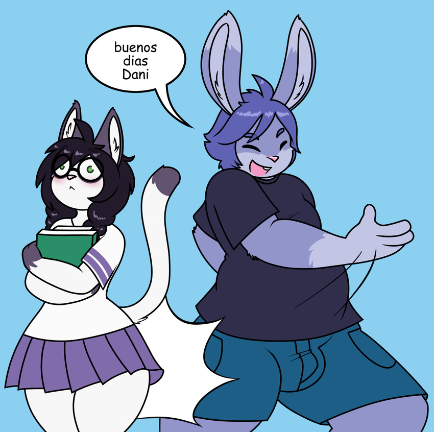 2017 anthro arthur_(lapinbeau) book bottomwear braided_hair buenos_dias_mandy bulge butt_slap clothed clothing comic_sans danica_(daniruu) daniruu dialogue dipstick_ears dipstick_tail domestic_cat domestic_rabbit duo ear_markings eyewear felid feline felis female flemish_giant fur glasses gloves_(marking) green_eyes hair hi_res humor lagomorph leporid male mammal markings meme multicolored_ears multicolored_tail nerd oryctolagus overweight overweight_male purple_body purple_fur purple_hair rabbit redraw school_uniform shirt shorts simple_background skirt slap spanish_text spanking t-shirt tail tail_markings tail_over_skirt text topwear translated uniform white_body white_fur wide_hips