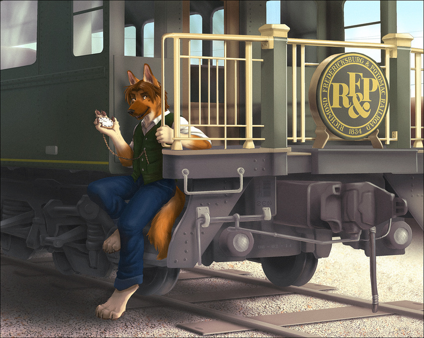 2014 4_toes 5_fingers anthro barefoot biped bottomwear brown_body brown_eyes brown_fur brown_hair caboose_railcar canid canine canis claws clock clothed clothing csx_transportation_group day detailed digital_media_(artwork) digital_painting_(artwork) dipstick_ears domestic_dog ear_markings english_text facial_markings feet fingers front_view fully_clothed fur german_shepherd gloves_(marking) hair head_markings herding_dog holding_fixture holding_object logo looking_aside looking_at_viewer male mammal markings multicolored_ears muzzle_(marking) orange_body orange_fur outside pants pastoral_dog pockets pocketwatch railcar railing railway_track richmond_fredericksburg_&_potomac_railroad rolled_up_sleeves shaded shirt short_hair sitting sky smile snout snout_markings soft_shading solo tan_body tan_fur text three-quarter_view toe_claws toes topwear train vehicle vest watch whiskers yellow_text zenthetiger