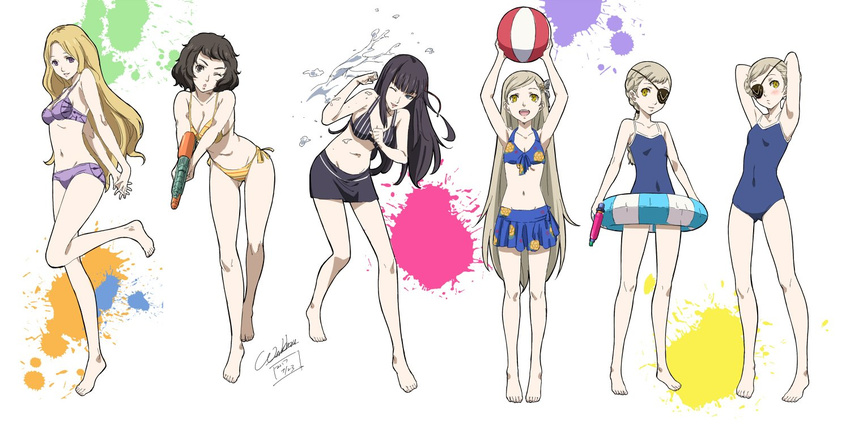 6+girls ;) ;o arms_behind_back arms_behind_head arms_up ass_visible_through_thighs ball barefoot beachball bikini bikini_skirt black_bikini black_hair blonde_hair blue_bikini blue_one-piece_swimsuit blush braid breasts brown_eyes brown_hair caroline_(persona_5) cleavage commentary_request dated eyepatch flat_chest floral_print full_body holding holding_ball innertube interlocked_fingers justine_(persona_5) kawakami_sadayo lavenza_(persona_5) leaning_forward long_hair looking_at_viewer medium_breasts mifune_chihaya multiple_girls navel one-piece_swimsuit one_eye_closed open_mouth orange_bikini persona persona_5 print_bikini purple_bikini purple_eyes short_hair siblings side-tie_bikini_bottom signature simple_background sisters small_breasts smile splatter spoilers standing standing_on_one_leg striped_bikini striped_clothes swim_ring swimsuit tougou_hifumi twins very_long_hair water water_gun werkbau white_background yellow_eyes