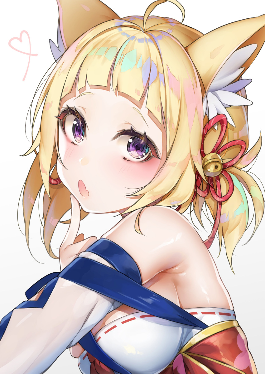 absurdres ahoge animal_ears ariake_(azur_lane) azur_lane bad_id bad_twitter_id bell blonde_hair breasts cat_ears commentary_request female finger_to_face hair_ornament highres looking_at_viewer open_mouth purple_eyes simple_background solo upper_body white_background yayoichi_(yoruyoru108)