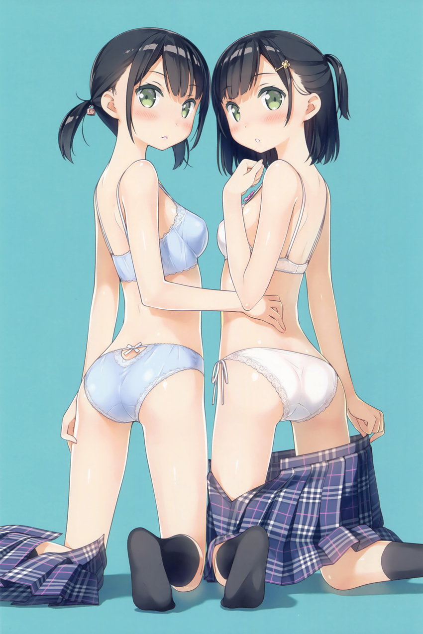 2girls absurdres akemi_(kantoku) arm_at_side ass back bare_arms bare_shoulders black_hair black_legwear blue_bra blue_panties blush bow bow_bra bow_panties bra breasts cropped from_behind green_eyes hair_ornament hairclip hand_on_another's_back hand_up highres himeru_(kantoku) kantoku key_hair_ornament kneehighs kneeling lingerie lock_hair_ornament looking_at_viewer looking_back multiple_girls no_shoes non-web_source open_mouth original panties parted_lips pink_bow scan short_hair short_ponytail short_twintails shoulder_blush siblings side-tie_panties skirt skirt_around_ankles skirt_around_one_leg small_breasts socks twins twintails underwear underwear_only white_bow white_bra white_panties