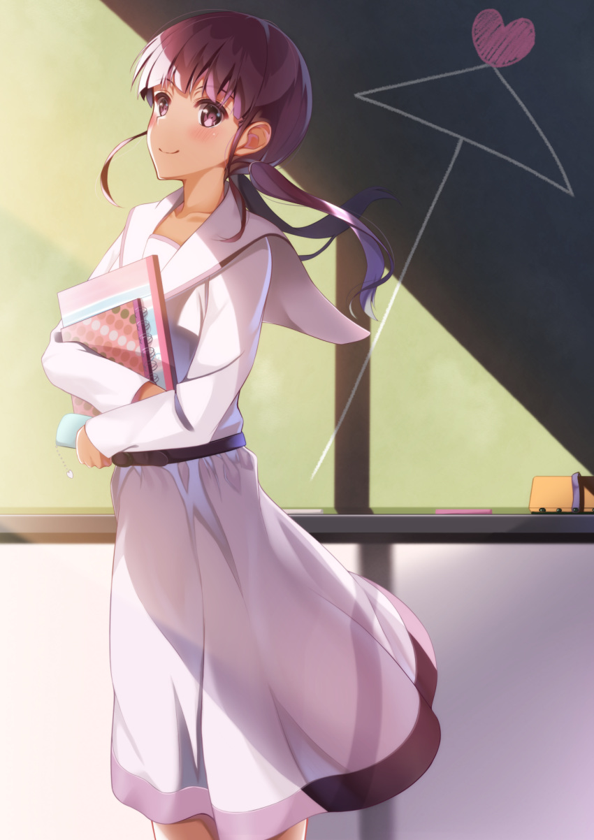 ai_ai_gasa akausuko blush book brown_eyes brown_hair chalk chalkboard classroom commentary_request eraser female heart highres holding holding_book long_hair looking_at_viewer original ponytail school_uniform serafuku skirt smile solo standing