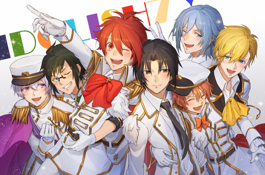 6+boys ;) arm_around_shoulder asymmetrical_hair black_hair blue_eyes blush cape clenched_hand closed_eyes commentary_request copyright_name epaulettes gloves grey_eyes hashtag highres idolish7 idolish7_(idolish7) izumi_iori izumi_mitsuki kudara looking_at_another male_focus multiple_boys nanase_riku nikaido_yamato one_eye_closed osaka_sougo purple_eyes red_eyes rokuya_nagi smile white_gloves yotsuba_tamaki