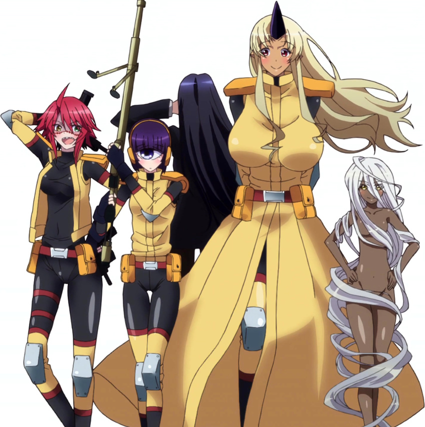 5girls breasts cyclops doppel_(monster_musume) heterochromia highres large_breasts manako monster_girl monster_musume_no_iru_nichijou ms._smith multiple_girls nude ogre one-eyed purple_hair red_hair rifle short_hair simple_background smile standing stitched tionishia weapon white_hair yellow_eyes zombina