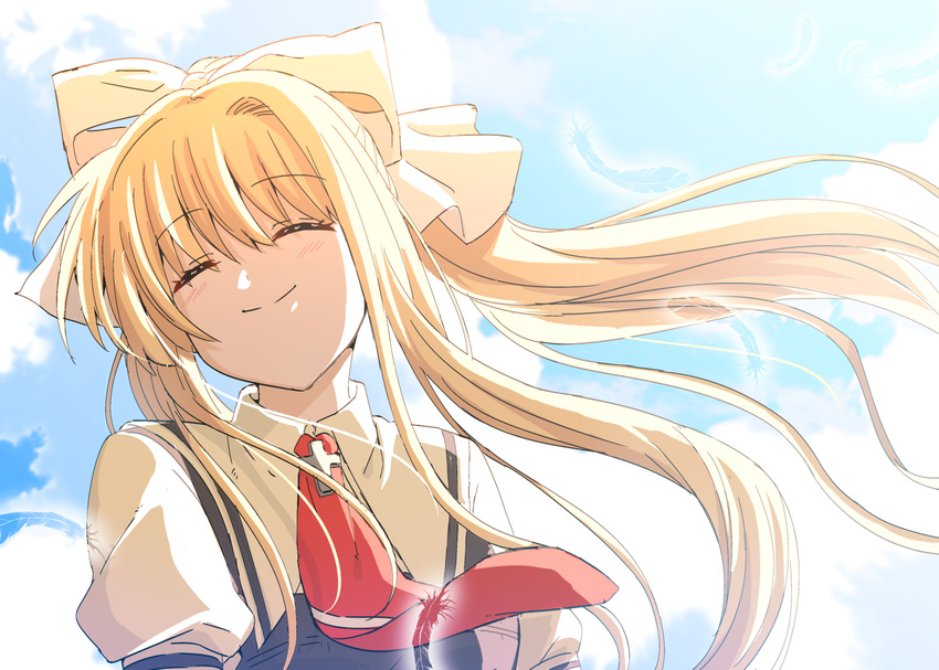 air_(visual_novel) blonde_hair closed_eyes cloud commentary_request day female hair_ribbon kamio_misuzu long_hair neckerchief outdoors ponytail red_neckerchief ribbon school_uniform shiime sky smile solo upper_body white_ribbon