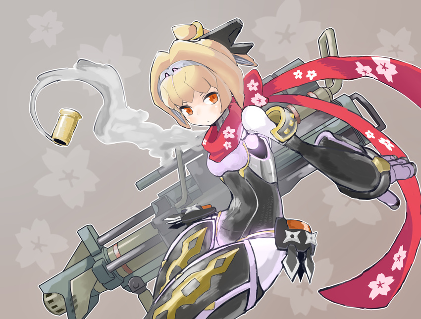 android blonde_hair breasts casing_ejection commentary_request female gun gunslinger_stratos hairband highres huge_weapon joints kunai orange_eyes robot_ears robot_joints scarf shell_casing short_hair short_ponytail shuriken small_breasts smoke solo weapon xi-988 yeti_(mu_kaiten)