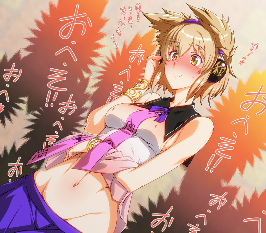 bare_shoulders blonde_hair blush bracelet breasts commentary_request covered_nipples ebiten_g-san embarrassed female headphones jewelry medium_breasts midriff navel no_panties sleeveless solo tears touhou toyosatomimi_no_miko translation_request yellow_eyes