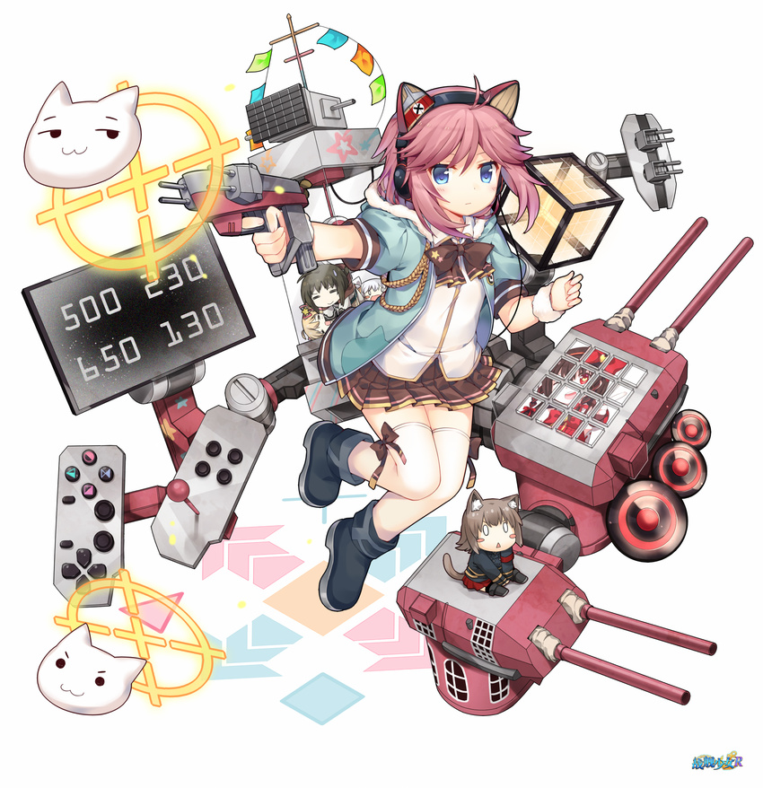 5girls aged_down aiguillette animal_ears aoba_(warship_girls_r) armband bismarck_(warship_girls_r) black_footwear blonde_hair blue_eyes blush bow braid brown_bow brown_hair brown_skirt cannon cat_ears chibi closed_mouth commentary_request controller copyright_name crane_game crosshair dress flag full_body haku_(utawarerumono) headphones highres hood hoodie joystick kamikita_komari leg_up looking_at_viewer machinery monitor multiple_girls official_art one_eye_closed outstretched_arm pink_hair pleated_skirt pointing red_dress red_eyes red_ribbon red_skirt ribbon rigging scrunchie shenbei_xiaoqiu shoes short_sleeves skirt solo_focus tail thighhighs tirpitz_(warship_girls_r) toy_gun turret twin_braids vest warship_girls_r white_background white_legwear wrist_scrunchie