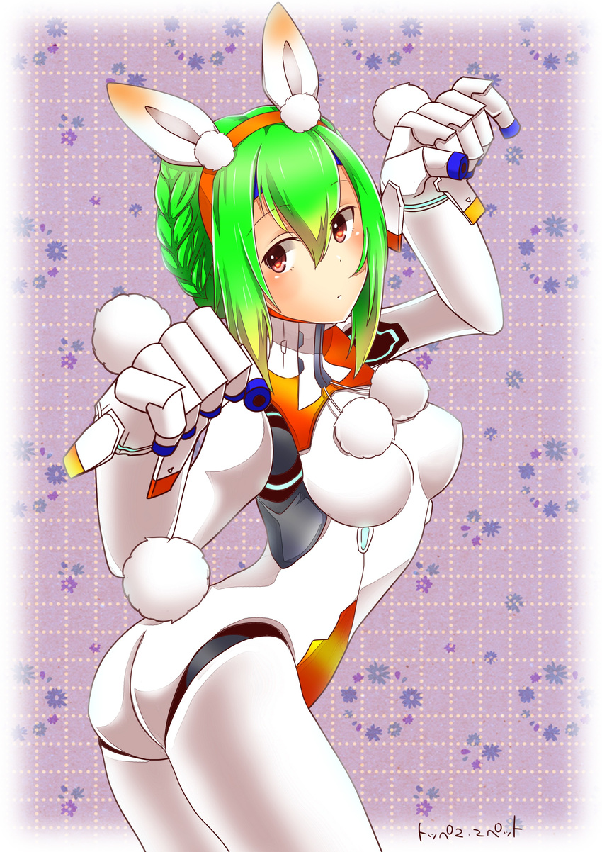 absurdres android animal_ears ass braid breasts commentary_request female french_braid green_hair gunslinger_stratos highres joints kemonomimi_mode medium_breasts paw_pose rabbit_ears rabbit_tail red_eyes robot_joints short_hair solo tail toppema_mapetto xi-988