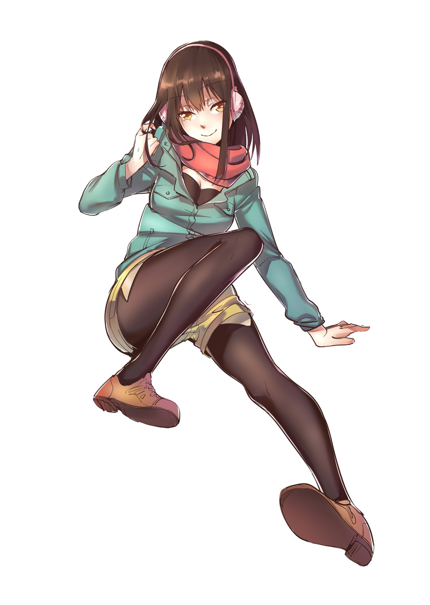 absurdres black_pantyhose brown_eyes brown_hair commentary_request earmuffs female highres jacket kimishima_kana kiseijuu ling_luo_xi_yang looking_at_viewer pantyhose pantyhose_under_shorts photoshop_(medium) red_scarf scarf shorts sitting smile solo twirling_hair white_background