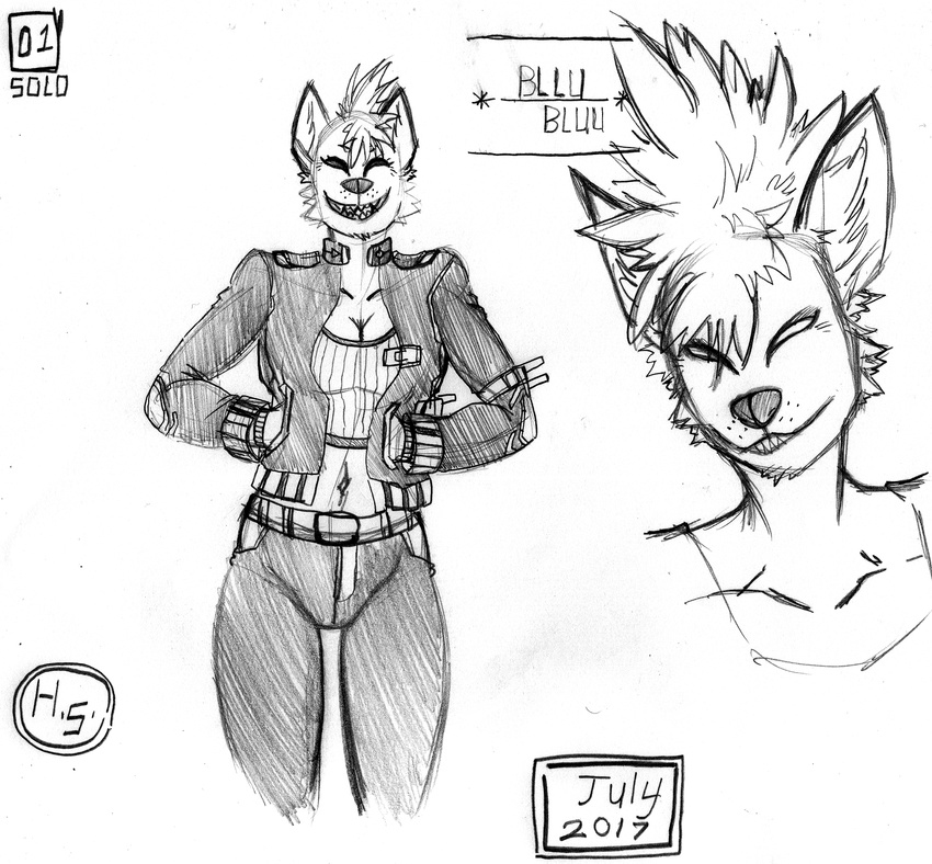 2017 anthro bangs belt black_bottomwear black_clothing black_pants bluu_(harpseal) bottomwear breasts buckle cheek_tuft cleavage clothed clothing collar collarbone creepy_smile crop_top deathhawk elbow_pads facial_tuft fangs female greyscale hair harpseal hi_res hyena inner_ear_fluff jacket leather leather_clothing leather_jacket leather_topwear mammal mohawk monochrome navel pants shirt simple_background smile solo spiky_hair standing star striped_hyena teeth topwear tuft whiskers