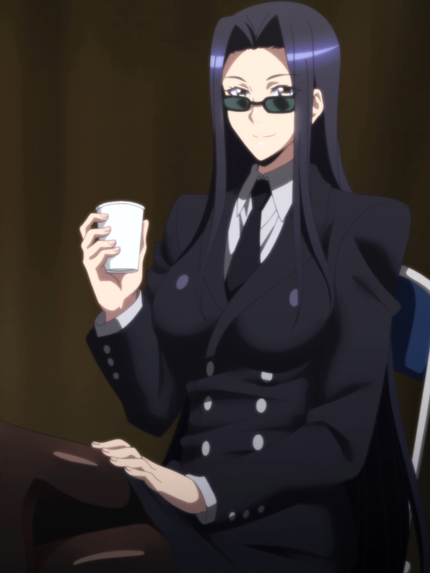 business_suit glasses gradient gradient_background highres monster_musume_no_iru_nichijou ms._smith screencap sitting smile solo stitched