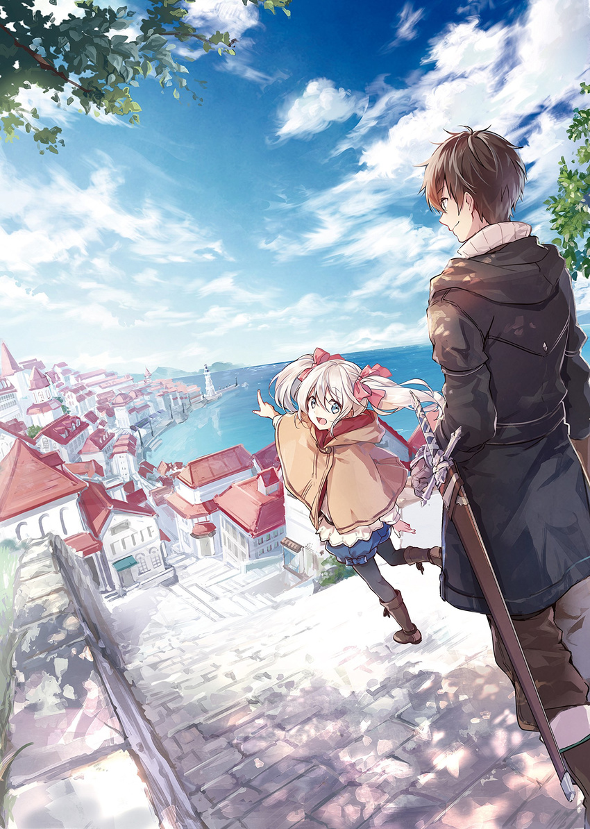 1boy absurdres blonde_hair blue_sky boots brown_capelet brown_footwear brown_hair capelet cloud coat cover cover_image cover_page dale_lecky female green_eyes hair_between_eyes hair_ribbon highres hood hood_down hooded_capelet kei_(k_tmr) latina_(uchi_no_musume_no_tame_naraba) lolicon long_hair looking_back novel_cover novel_illustration ocean official_art open_mouth outdoors pantyhose pointing pointing_forward red_ribbon ribbon short_hair sky sword twintails uchi_no_musume_no_tame_naraba_ore_wa_moshikashitara_maou_mo_taoseru_kamo_shirenai. weapon white_hair