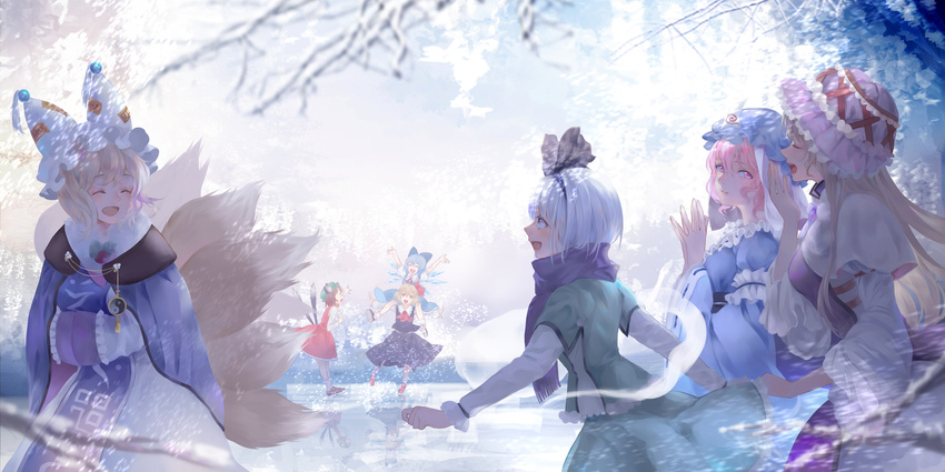 6+girls animal_ears animal_hat ascot black_skirt blonde_hair blue_dress blue_hair bonnet brown_footwear brown_hair capelet cat_ears cat_tail chen cirno closed_eyes commentary day dress fox_tail green_eyes green_skirt hair_ribbon hands_in_opposite_sleeves hat highres ice ice_wings japanese_clothes jyuui kimono konpaku_youmu konpaku_youmu_(ghost) long_hair long_sleeves mob_cap multiple_girls obi open_mouth outdoors own_hands_clasped own_hands_together photoshop_(medium) pink_eyes pink_hair red_eyes red_skirt reflection ribbon ribbon-trimmed_sleeves ribbon_trim rumia saigyouji_yuyuko sash shoes short_hair skirt skirt_set snow snowing socks symbol-only_commentary tabard tail touhou triangular_headpiece vest white_hair white_legwear wide_sleeves wings winter yakumo_ran yakumo_yukari yawning yin_yang