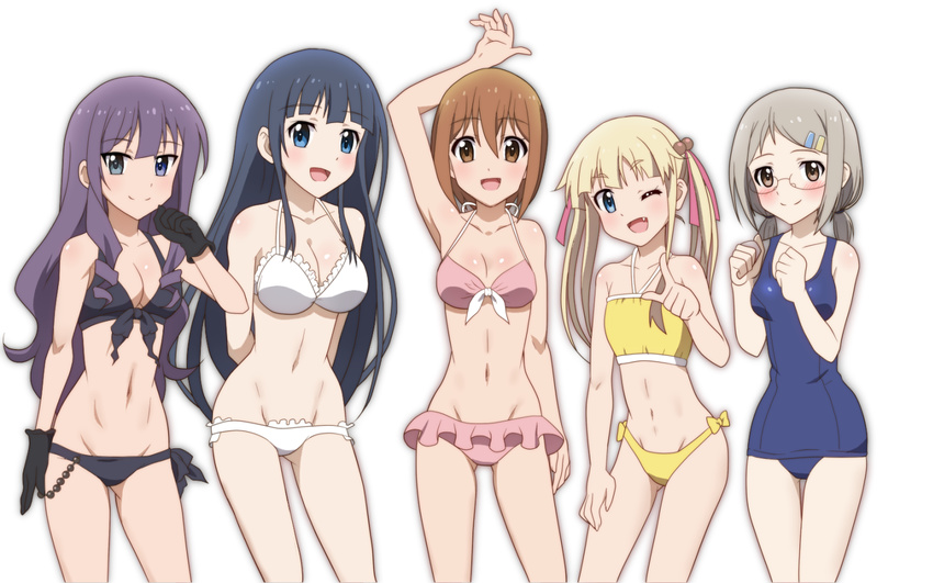 5girls :d ;d anitore!_ex arm_up arms_behind_back ass_visible_through_thighs bikini black_bikini black_gloves black_hair blonde_hair blue_eyes blush breasts brown_eyes brown_hair cleavage commentary_request contrapposto cowboy_shot drill_hair frilled_bikini frills front-tie_bikini_top front-tie_top gloves grey_hair groin heterochromia higuchi_eri hiraoka_yuu hoshi_asami looking_at_viewer multiple_girls navel oerba_yun_fang one-piece_swimsuit one_eye_closed onomekaman open_mouth pink_bikini purple_eyes purple_hair saotome_shizuno school_swimsuit simple_background smile standing swimsuit tachibana_shion thighs twin_drills white_background white_bikini wide_hips yellow_bikini