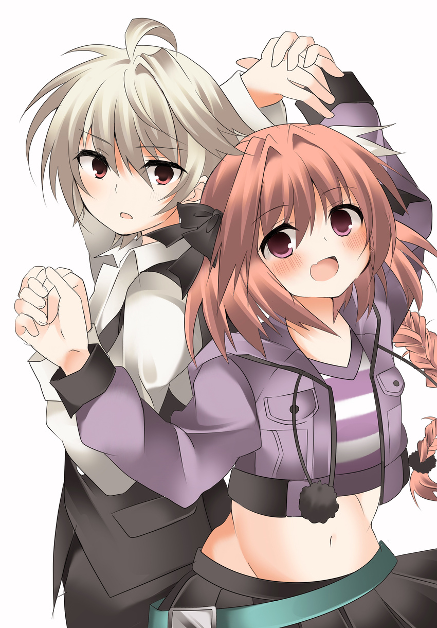 2boys :d absurdres akafuku_pukoemon astolfo_(fate) astolfo_(memories_at_trifas)_(fate) bad_id bad_pixiv_id bow braid commentary_request crop_top crossdressing fate/apocrypha fate_(series) hairbow highres holding_hands hood hoodie male_focus midriff multiple_boys navel oerba_yun_fang official_alternate_costume open_mouth otoko_no_ko photoshop_(medium) pink_eyes pink_hair red_eyes sieg_(fate) single_braid skirt smile white_hair