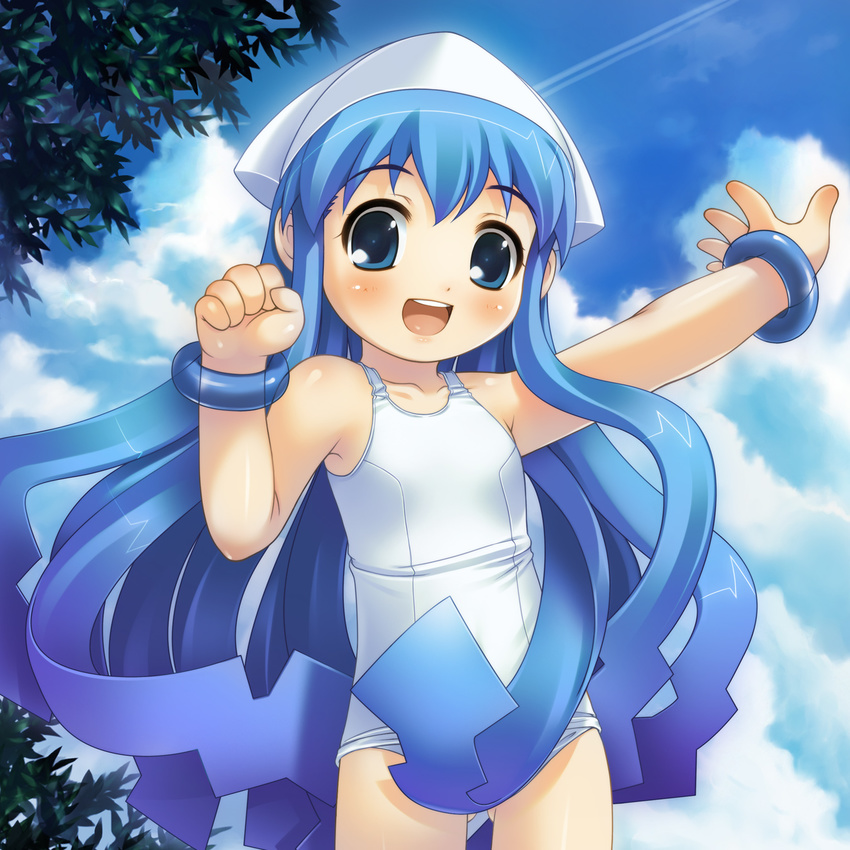 :d akiba_hideki ass_visible_through_thighs blue_eyes blue_hair blush bracelet clenched_hand cloud collarbone contrail cowboy_shot day female flat_chest hat highres ikamusume jewelry long_hair looking_at_viewer one-piece_swimsuit open_mouth outstretched_arm round_teeth school_swimsuit shinryaku!_ikamusume sky smile solo squid_hat swimsuit teeth tentacle_hair tree very_long_hair white_hat white_one-piece_swimsuit