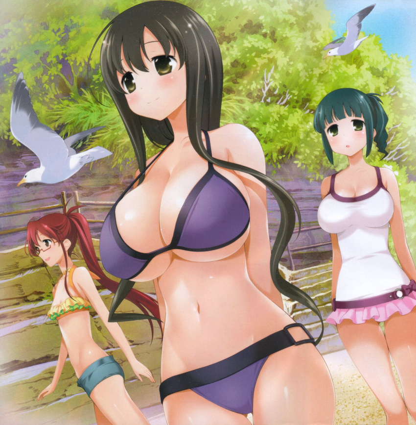 3girls archived_source arms_behind_back bad_id bad_link bare_arms bare_shoulders bikini bird black_hair blunt_bangs blush breasts casual_one-piece_swimsuit cleavage day fence flying green_eyes green_hair green_shorts highres iwato_kasumi karijuku_tomoe kobayashi_ritz large_breasts long_hair looking_at_viewer looking_away multiple_girls navel official_art one-piece_swimsuit outdoors ponytail purple_bikini red_hair saki_(manga) seagull shorts sky standing swimsuit takimi_haru tree water