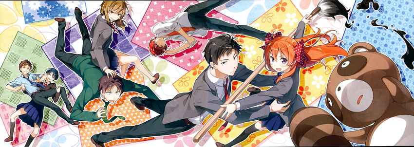 3girls 4boys absurdres black_socks black_thighhighs blush bow brush calligraphy_brush gekkan_shoujo_nozaki-kun hair_ribbon hairbow highres hori_masayuki kantoku kashima_yuu long_hair mikoshiba_mikoto military military_vehicle miniskirt motor_vehicle multiple_boys multiple_girls necktie nozaki_umetarou open_mouth orange_hair paintbrush pleated_skirt polka_dot polka_dot_bow purple_eyes ribbon rouman_academy_school_uniform sakura_chiyo school_uniform seo_yuzuki skirt socks tank thighhighs uniform wakamatsu_hirotaka