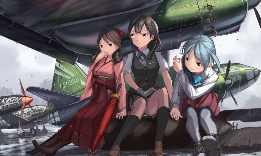 3girls aircraft airplane black_hair brown_hair commentary_request doraxi drill_hair g4m gloves grey_eyes grey_hair hakama hakama_skirt harukaze_(kancolle) japanese_clothes kantai_collection ki-61_hien kimono kiyoshimo_(kancolle) long_hair meiji_schoolgirl_uniform multiple_girls oyashio_(kancolle) pantyhose photoshop_(medium) rain red_eyes school_uniform skirt twin_drills vest white_gloves