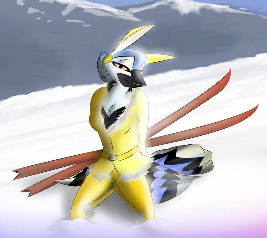 anthro avian beak bedroom_eyes bird blue_body blue_feathers clothed clothing corrvo eyebrows eyelashes fake_ears fake_rabbit_ears feather_6 feathered_wings feathers female half-closed_eyes kalli narrowed_eyes seductive snow solo white_body white_feathers wings