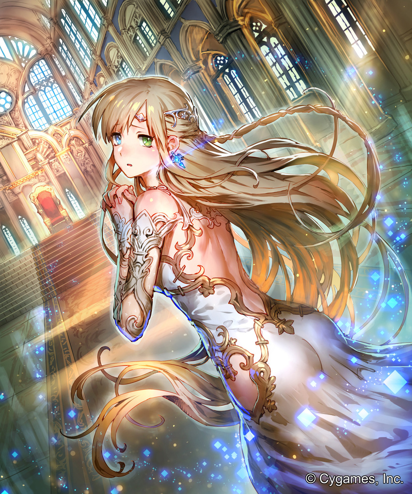 ass back bare_shoulders blonde_hair blue_eyes blush braid dress dutch_angle female green_eyes highres hip_vent jewelry long_hair looking_at_viewer looking_back natasha_(shingeki_no_bahamut) official_art okada_manabi open-back_dress parted_lips praying shingeki_no_bahamut single_earring solo throne throne_room tiara very_long_hair white_dress window