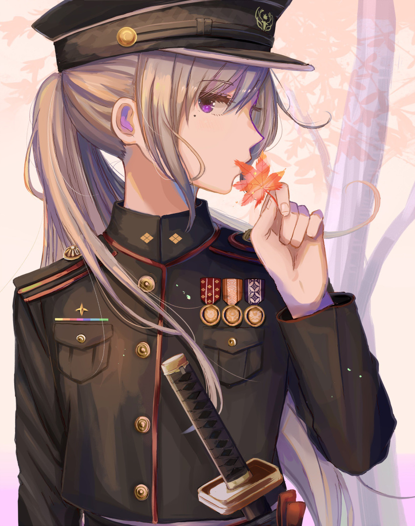 absurdres black_coat black_hat breast_pocket buttons coat epaulettes female grey_hair hat highres higuchi_kaede higuchi_kaede_(8th_costume) holding holding_leaf ibuki_(ibuki0118) katana leaf long_hair long_sleeves looking_at_viewer looking_to_the_side maple_leaf medal military military_uniform mole mole_under_eye nijisanji peaked_cap pocket ponytail profile purple_eyes seigaiha sheath sheathed sidelocks solo sword uniform upper_body virtual_youtuber weapon