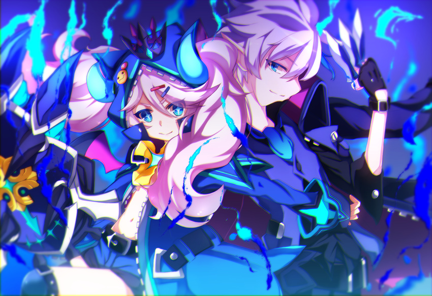 1boy ascot belt between_fingers blue_background blue_eyes blue_horns blue_shirt blue_shorts blue_theme brooch chiliarch_(elsword) ciel_(elsword) claws coat commentary_request dagger dreadlord_(elsword) elsword female holding holding_dagger holding_knife holding_weapon hood horns jacket jacket_on_shoulders jewelry knife long_hair luciela_r._sourcream multicolored_hair navel pink_hair pointy_ears shirt shorts smile symbol-shaped_pupils twintails weapon white_hair yamai_fake