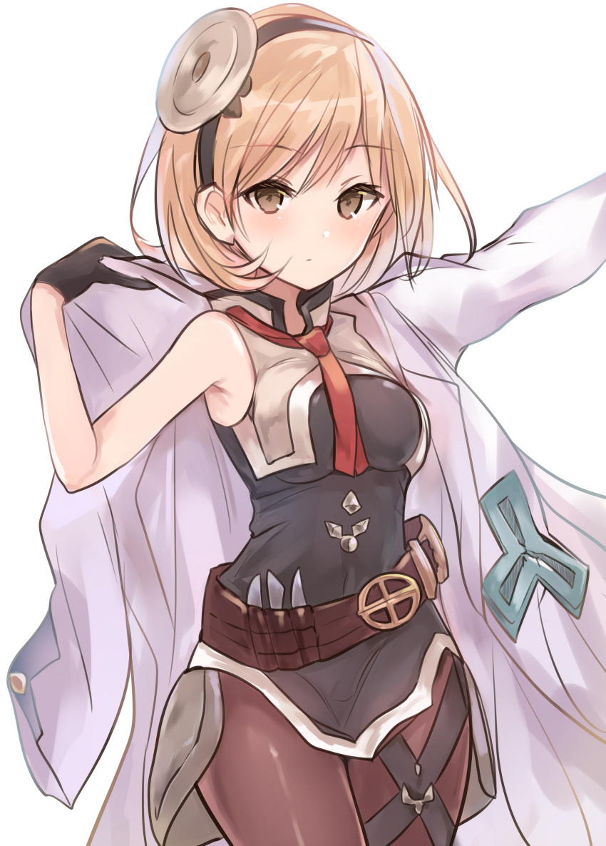 absurdres armpits bare_arms bare_shoulders belt black_dress black_gloves blonde_hair blush breasts brown_belt brown_eyes brown_pantyhose closed_mouth commentary cowboy_shot djeeta_(granblue_fantasy) doctor_(granblue_fantasy) dress female gloves granblue_fantasy hairband hand_up highres jacket lab_coat long_sleeves looking_at_viewer medium_breasts natsu_(sinker8c) necktie open_clothes outstretched_arm pantyhose red_necktie short_dress short_hair sidelocks simple_background sleeveless sleeveless_dress solo standing symbol-only_commentary white_background