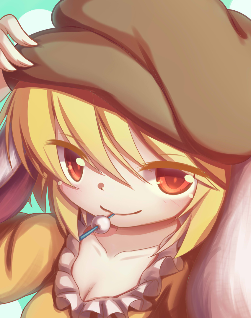 absurdres animal_ears bad_id bad_pixiv_id blonde_hair blue_background breasts cabbie_hat cleavage close-up closed_mouth commentary dango dior-zi female floppy_ears food hand_on_headwear hat highres looking_at_viewer medium_breasts mouth_hold rabbit_ears red_eyes ringo_(touhou) short_hair skewer smile solo touhou wagashi