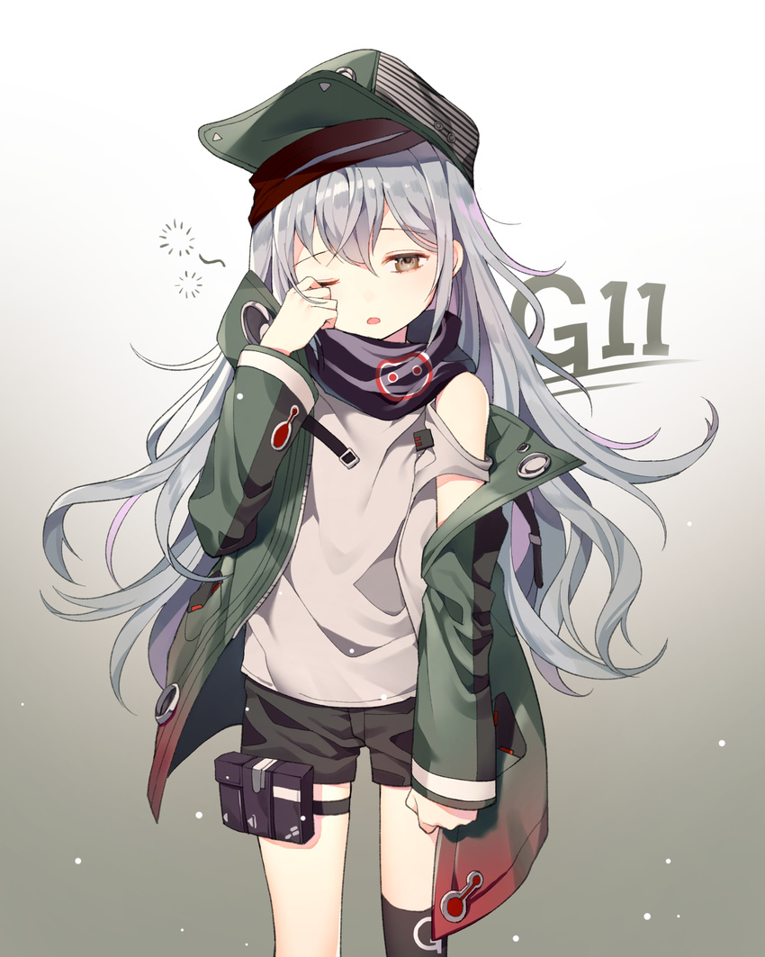 absurdres azit_(down) bare_shoulders black_shorts blue_eyes character_name clothing_cutout commentary_request female g11_(girls'_frontline) girls'_frontline gradient_background green_hat green_jacket hat highres jacket long_hair long_sleeves looking_at_viewer off_shoulder one_eye_closed open_clothes open_jacket shirt short_shorts shorts shoulder_cutout sleepy solo standing t-shirt white_hair white_shirt yebisu