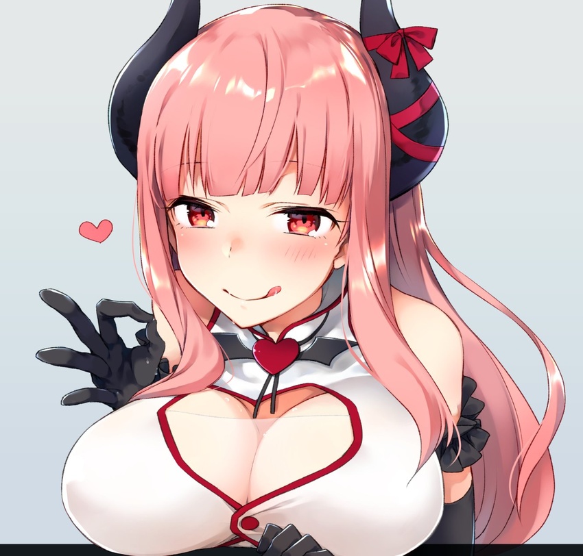 bare_shoulders black_gloves blush breasts buttons cleavage_cutout clothing_cutout commentary demon_girl demon_horns dress elbow_gloves eve_valerne female gloves heart highres horns indie_virtual_youtuber large_breasts licking_lips long_hair looking_at_viewer mikoto_kei pink_hair red_eyes sleeveless smile solo tongue tongue_out virtual_youtuber white_dress