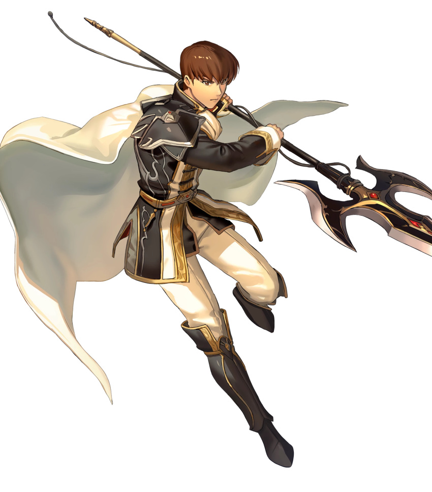 1boy aoji_(aoji-web) armored_boots belt boots brown_eyes brown_hair cape fire_emblem fire_emblem:_genealogy_of_the_holy_war fire_emblem_heroes full_body gae_bolg_(fire_emblem) highres male_focus official_art polearm quan_(fire_emblem) solo spear transparent_background weapon