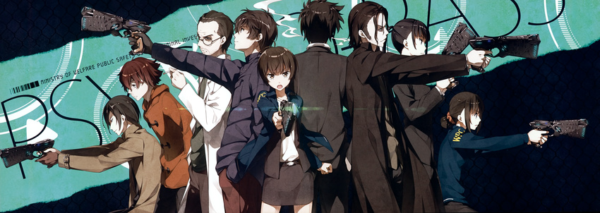 3girls 6+boys :d absurdres aiming aiming_at_viewer belt brown_gloves brown_hair cowboy_shot dominator_(gun) expressionless formal ginoza_nobuchika glasses gloves gun handgun highres hinakawa_shou holding holding_gun holding_weapon hood hooded_jacket jacket kantoku kougami_shin'ya kunizuka_yayoi lab_coat long_sleeves multiple_boys multiple_girls open_mouth outstretched_arms pants pencil_skirt ponytail psycho-pass saiga_jouji shimotsuki_mika short_hair skirt smile standing suit tougane_sakuya tsunemori_akane uniform weapon