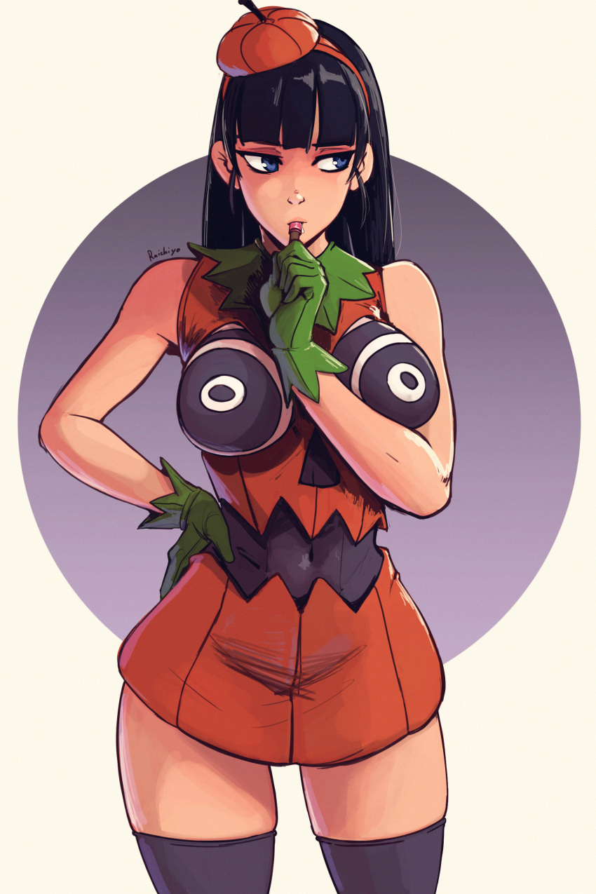 absurdres artist_name black_hair black_thighhighs blue_eyes blunt_bangs breasts circle costume female gloves green_gloves halloween_costume hat highres large_breasts long_hair looking_to_the_side original pumpkin_costume pumpkin_hat raichiyo33 sleeveless solo thighhighs