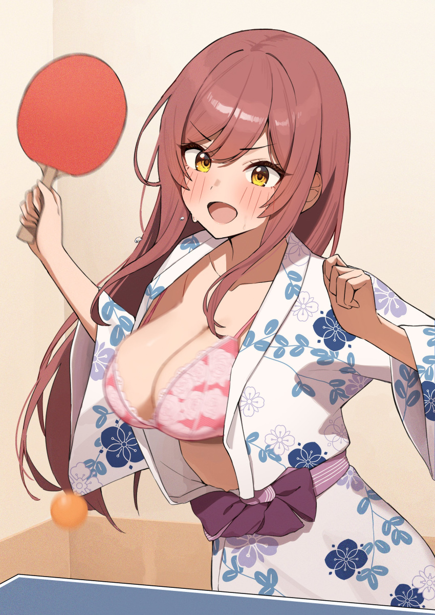 absurdres ball blush bouncing_breasts bra breasts center_opening cleavage commentary_request female floral_print floral_print_kimono hair_between_eyes highres holding holding_paddle idolmaster idolmaster_shiny_colors japanese_clothes kimono large_breasts long_hair open_mouth osaki_amana paddle red_bra red_hair smile solo table_tennis table_tennis_ball table_tennis_paddle underwear v-shaped_eyebrows wanimaru white_kimono wide_sleeves yellow_eyes yukata