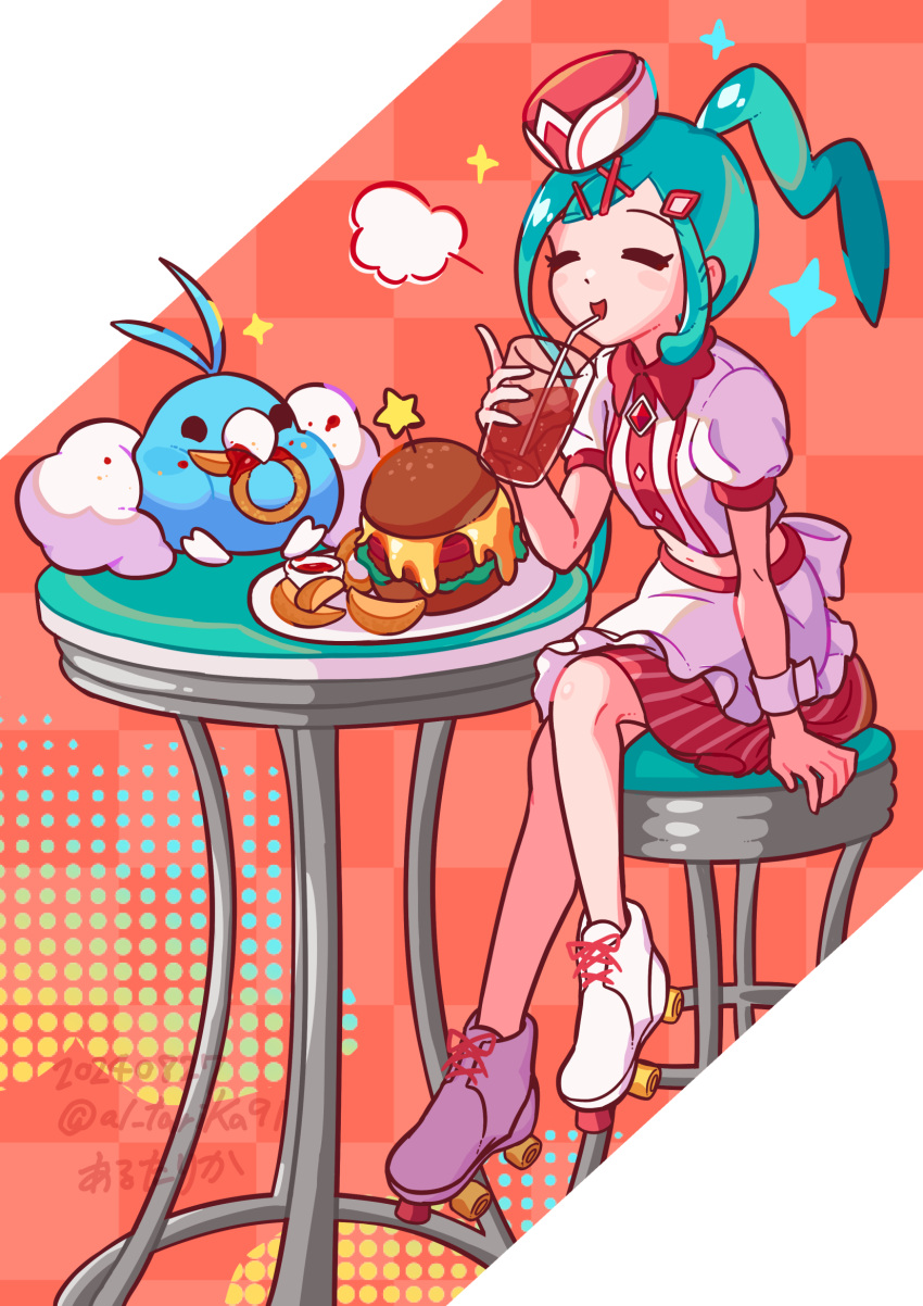 =_= aqua_hair arutarika_(ri_kaoekaki) bird border checkered_background closed_eyes commentary_request drink drinking drinking_straw eating female food hair_ornament hairclip highres holding holding_drink lisia_(pokemon) on_stool plate pokemon pokemon_oras puff_of_air red_background roller_skates sitting skates sparkle star_(symbol) swablu white_border white_footwear x_hair_ornament