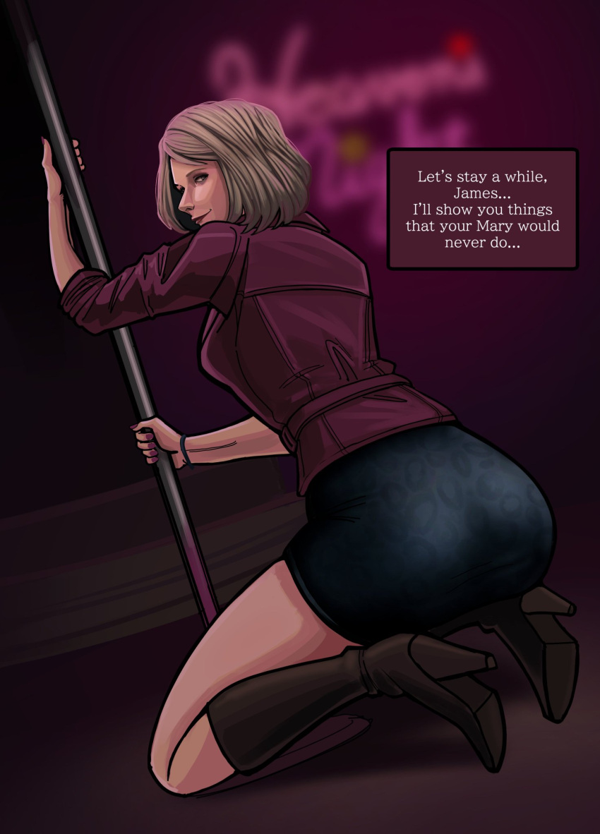 1female 1females 1girls 1woman 1wonan 2d 2d_(artwork) 2d_artwork ass ass_focus black_skirt blonde_female blonde_hair blonde_hair_female booty butt_focus clothed clothed_ass clothed_female color colored english english_dialogue english_language english_text female female female_focus female_only girl girl_focus girl_only girls_only kneeling looking_at_another looking_back maria_(silent_hill) pink_sweater pole silent_hill silent_hill_2 silent_hill_2_remake skirt squat squatting squatting_position sweater text text_box too6lolo video_game_character woman_focus woman_only