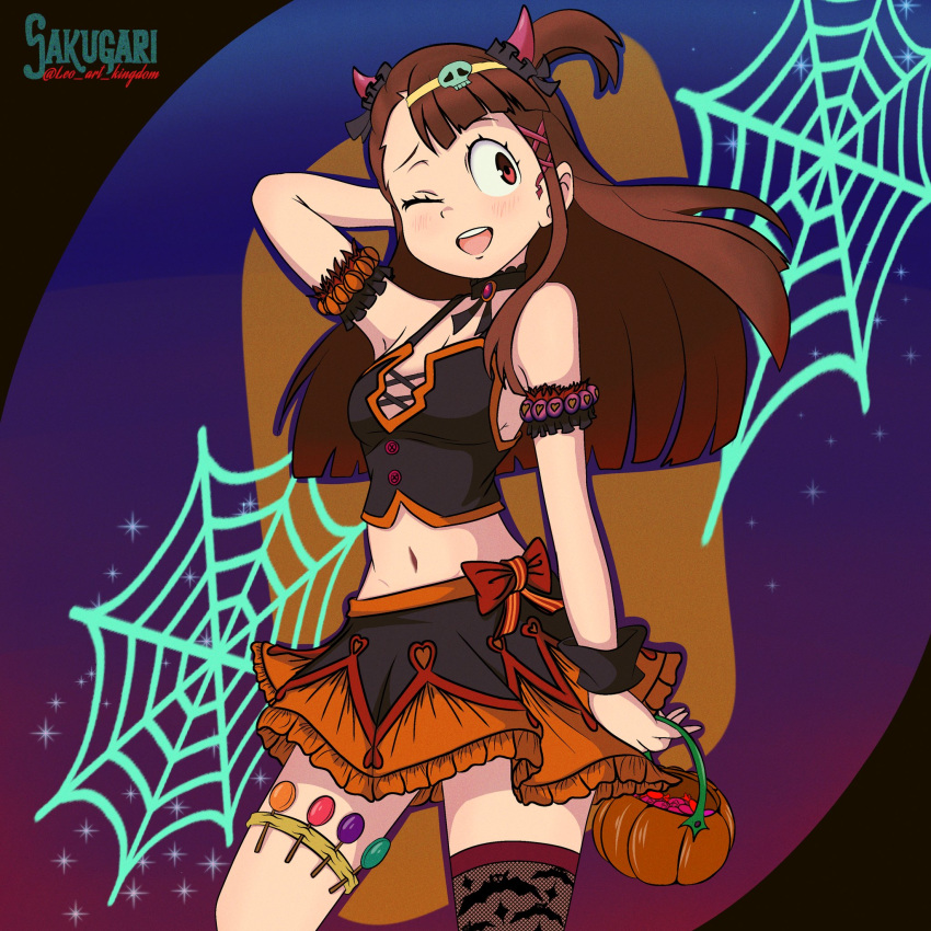 ;d arm_up bare_shoulders black_thighhighs blush breasts brown_eyes brown_hair cleavage cowboy_shot crop_top demon_horns detached_sleeves fake_horns female frilled_skirt frills hair_ornament highres holding holding_pumpkin horns kagari_atsuko leo_art_kingdom little_witch_academia long_hair medium_breasts miniskirt multicolored_background navel one_eye_closed orange_skirt pumpkin single_thighhigh skirt skull_hair_ornament smile solo stomach teeth thighhighs upper_teeth_only