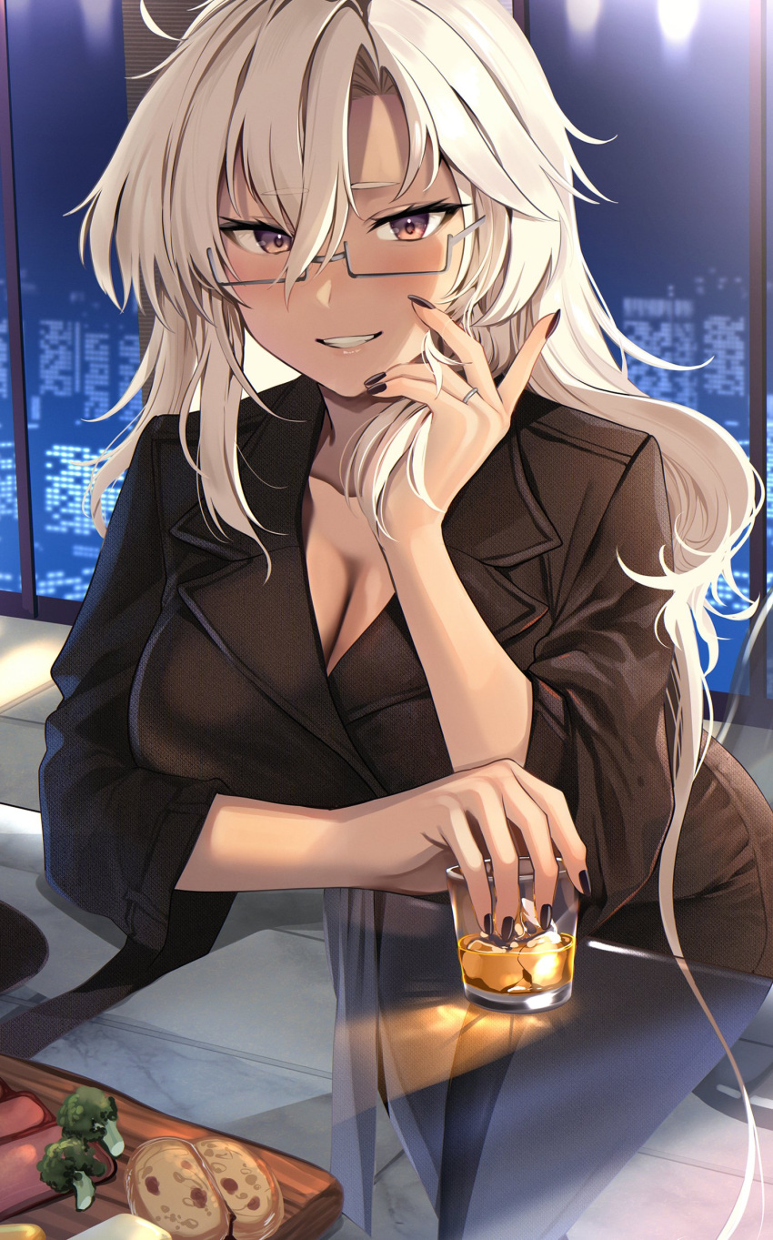 absurdres alternate_costume alternate_hairstyle black_nails blush bread breasts broccoli building cleavage commentary_request cup dark-skinned_female dark_skin female food glasses grin hair_between_eyes hair_down highres holding holding_cup ice ice_cube indoors jewelry kantai_collection large_breasts long_hair looking_at_viewer musashi_(kancolle) nail_polish night ring smile solo wedding_ring white_hair window yunamaro